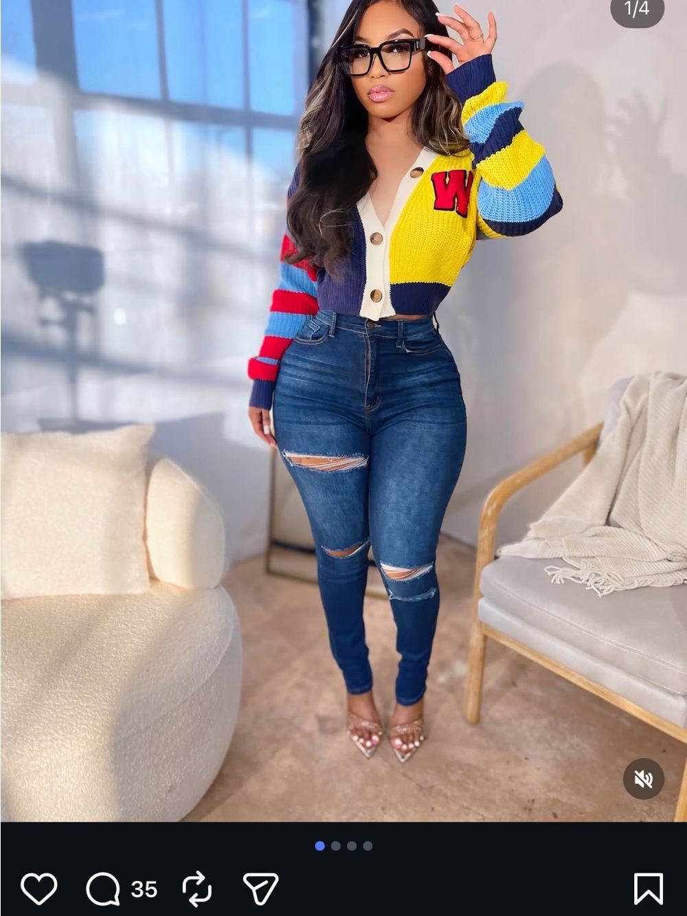 Colorblock Knit Cardigan with W Patch - Yellow, Blue, Red